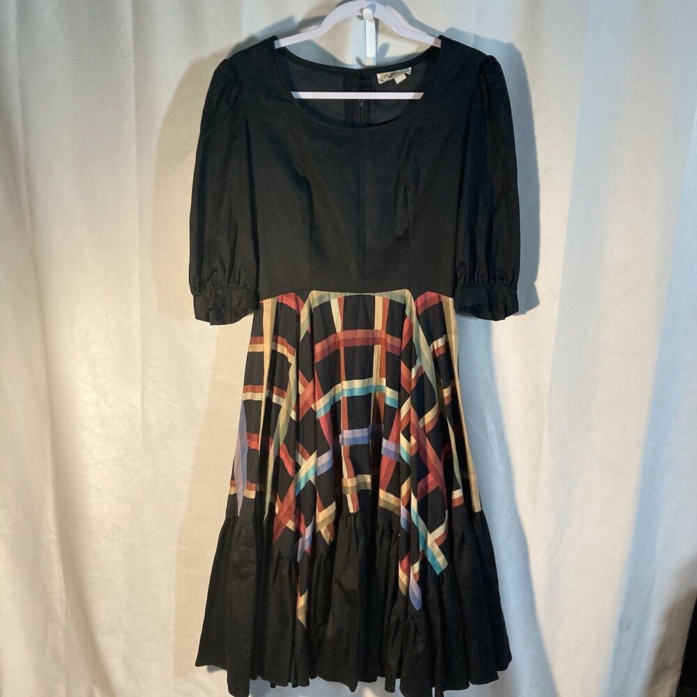 61-10 Vintage FINE FEATHERS black multicolor plaid scoop neck circle dress 10